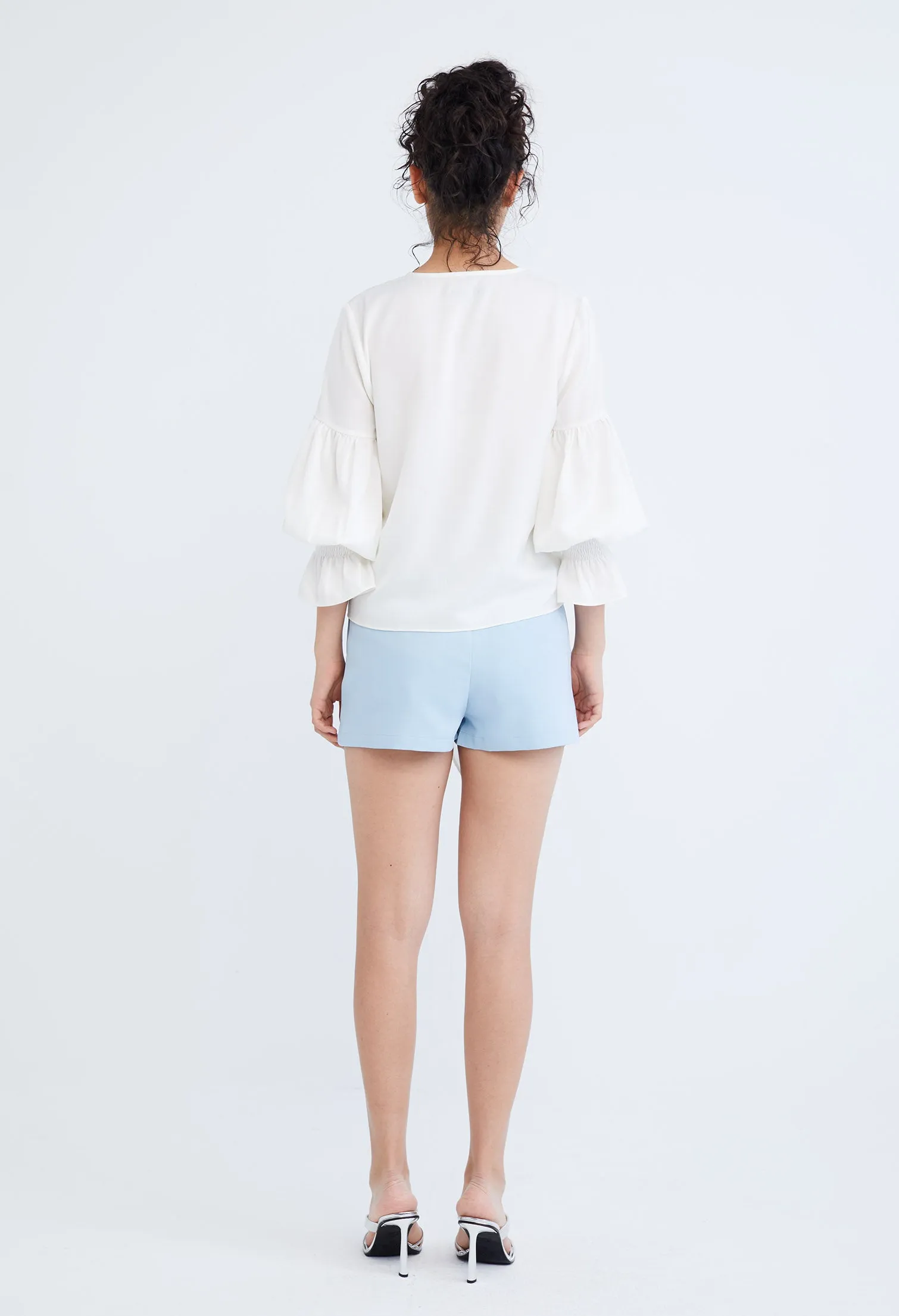 Dainty Elastic Cuff Front Tie Blouse