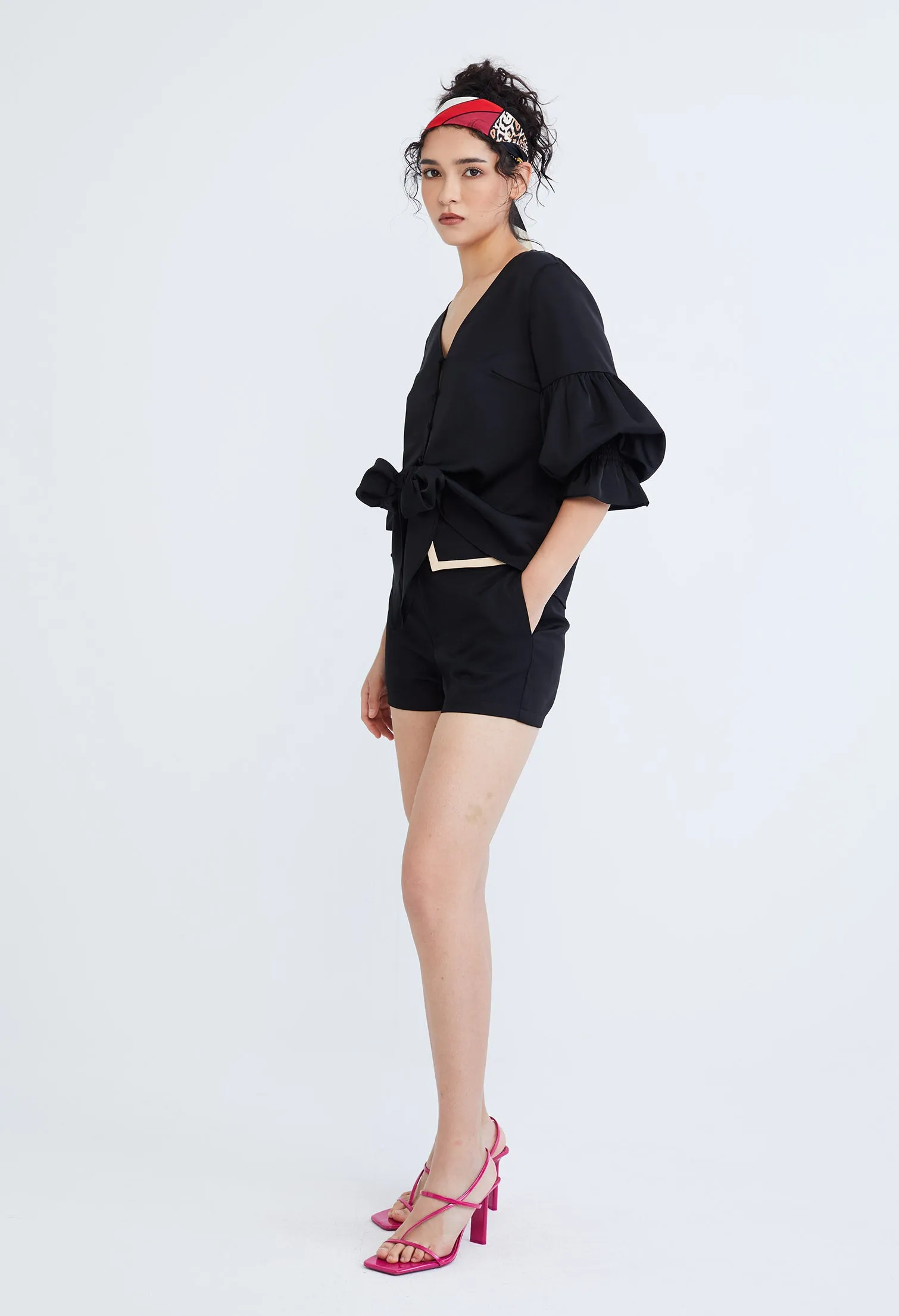 Dainty Elastic Cuff Front Tie Blouse