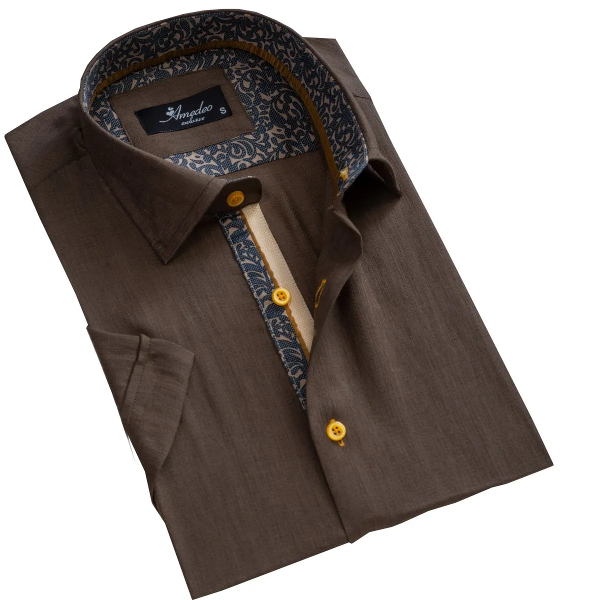 Dark Brown Mens Short Sleeve Button up Shirts - Tailored Slim Fit Cotton Dress Shirts