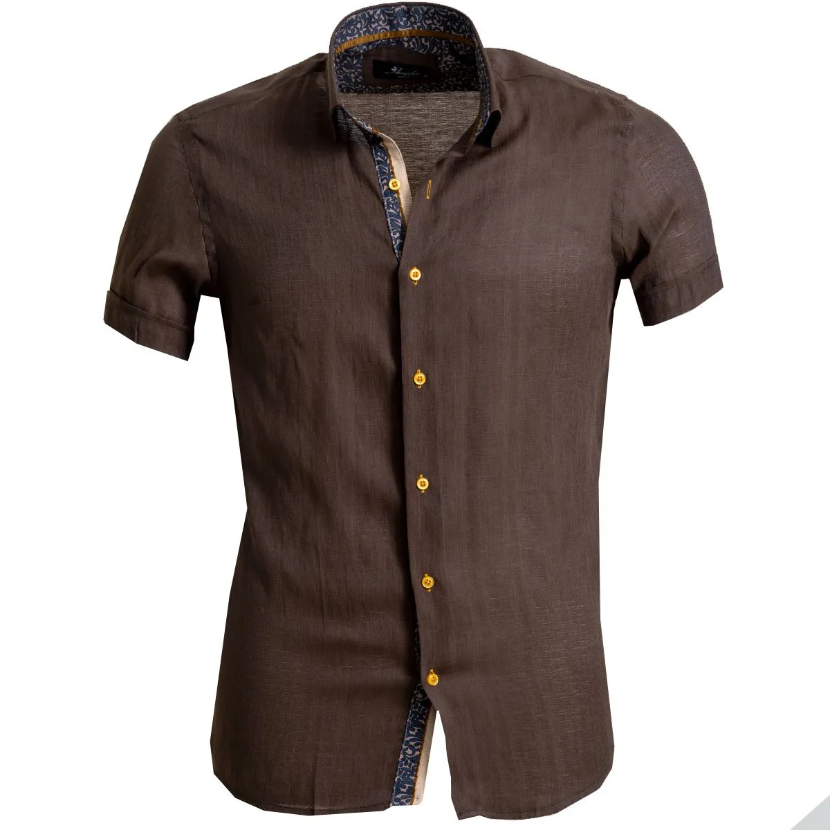 Dark Brown Mens Short Sleeve Button up Shirts - Tailored Slim Fit Cotton Dress Shirts