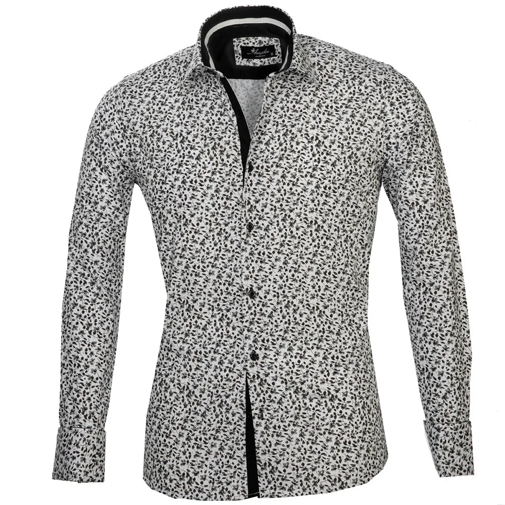 Dark Grey Floral Mens Slim Fit French Cuff Shirts with Cufflink Holes