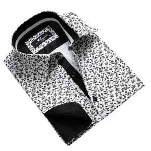 Dark Grey Floral Mens Slim Fit French Cuff Shirts with Cufflink Holes