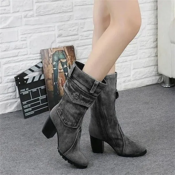Denim Boots Chunky High Heel Mid Calf Boots Ladies Side Zipper Cowboy Boots