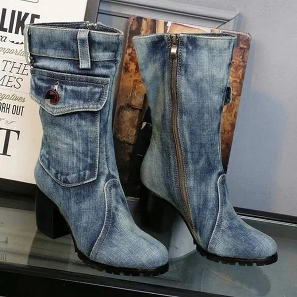 Denim Boots Chunky High Heel Mid Calf Boots Ladies Side Zipper Cowboy Boots