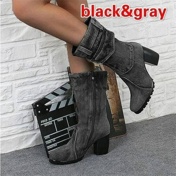 Denim Boots Chunky High Heel Mid Calf Boots Ladies Side Zipper Cowboy Boots