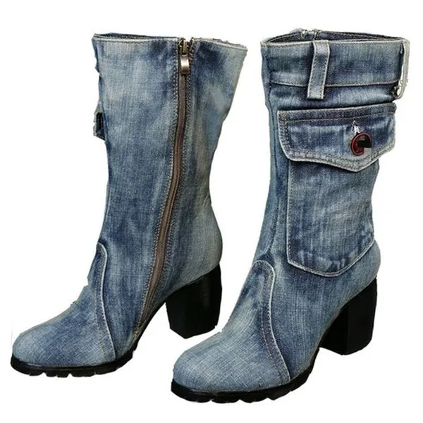 Denim Boots Chunky High Heel Mid Calf Boots Ladies Side Zipper Cowboy Boots