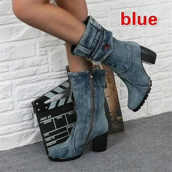 Denim Boots Chunky High Heel Mid Calf Boots Ladies Side Zipper Cowboy Boots