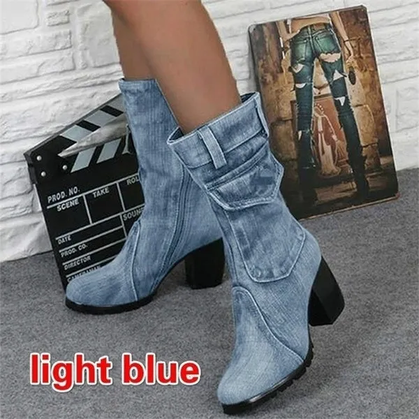 Denim Boots Chunky High Heel Mid Calf Boots Ladies Side Zipper Cowboy Boots
