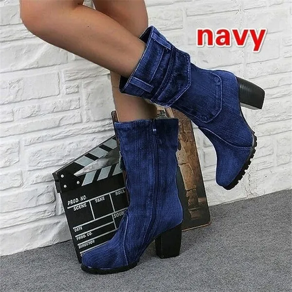 Denim Boots Chunky High Heel Mid Calf Boots Ladies Side Zipper Cowboy Boots