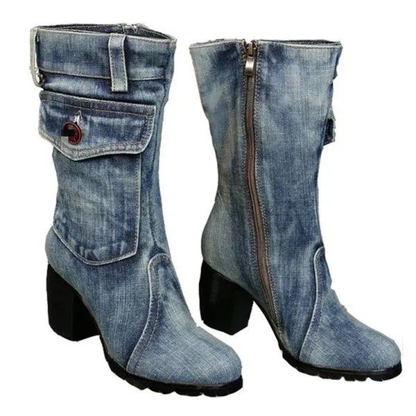 Denim Boots Chunky High Heel Mid Calf Boots Ladies Side Zipper Cowboy Boots