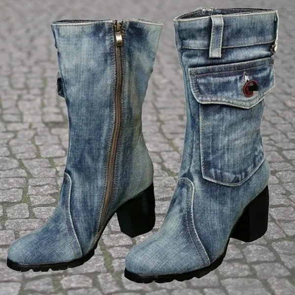 Denim Boots Chunky High Heel Mid Calf Boots Ladies Side Zipper Cowboy Boots