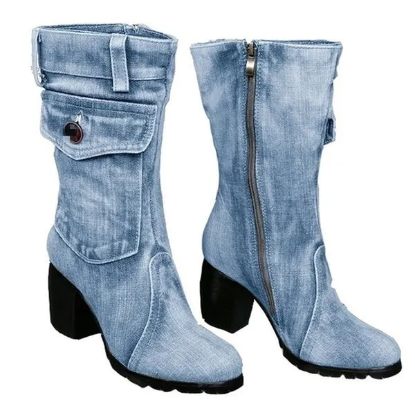 Denim Boots Chunky High Heel Mid Calf Boots Ladies Side Zipper Cowboy Boots
