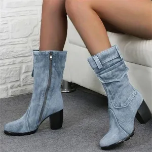 Denim Boots Chunky High Heel Mid Calf Boots Ladies Side Zipper Cowboy Boots