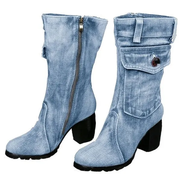 Denim Boots Chunky High Heel Mid Calf Boots Ladies Side Zipper Cowboy Boots