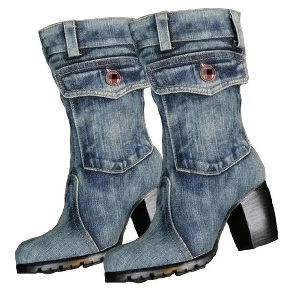 Denim Boots Chunky High Heel Mid Calf Boots Ladies Side Zipper Cowboy Boots