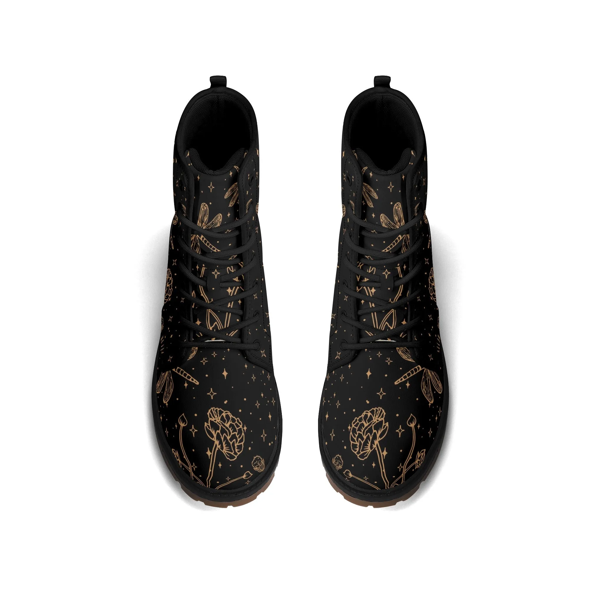 Dragonfly Flowers Womens Luxe Black Combat Boots