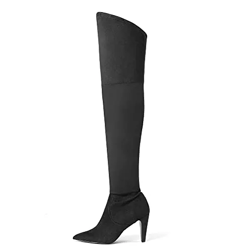 DREAM PAIRS Women's Dob214 Black Thigh High Boots Suede Over The Knee Heels Long Sexy Pointed Toe Boots, Black Suede, Size 8.5