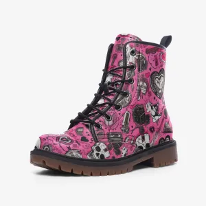 Edgy Pink Skull Vegan Combat Boots – Bold, Eco-Friendly Style