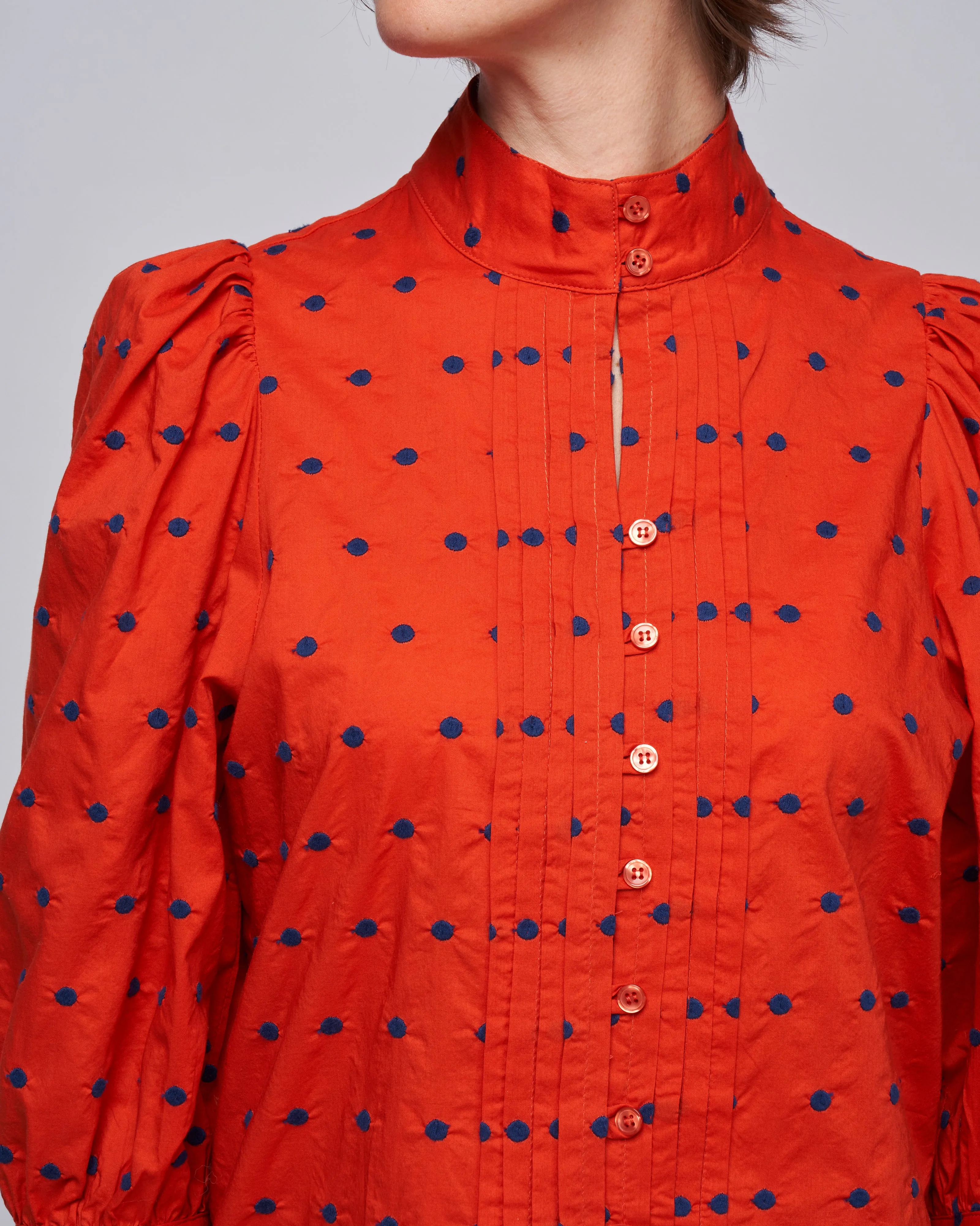 embroidered dot frontier blouse - vermillion with navy