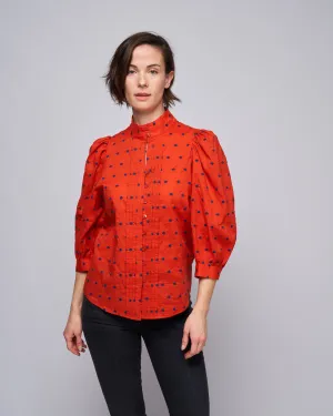 embroidered dot frontier blouse - vermillion with navy