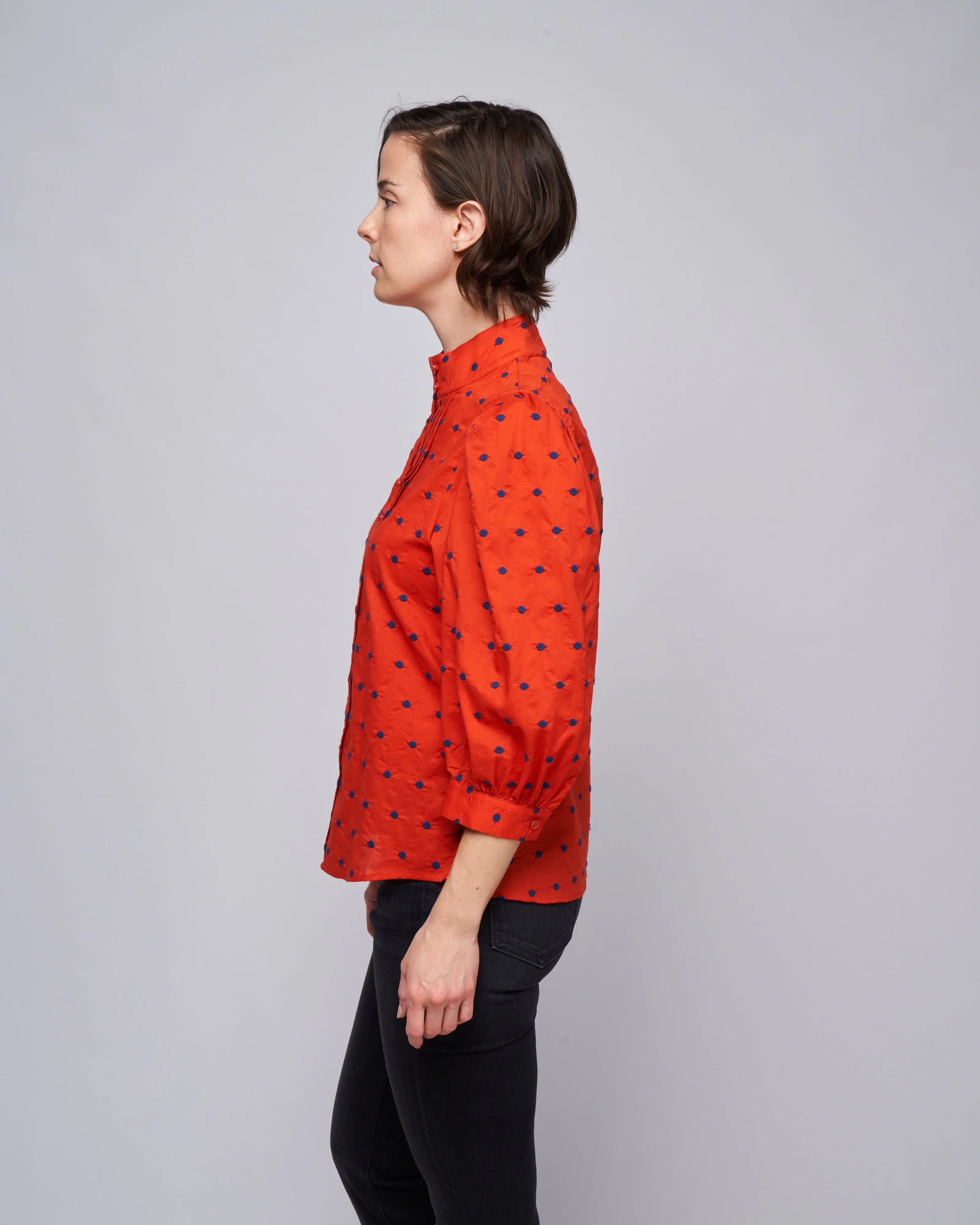 embroidered dot frontier blouse - vermillion with navy