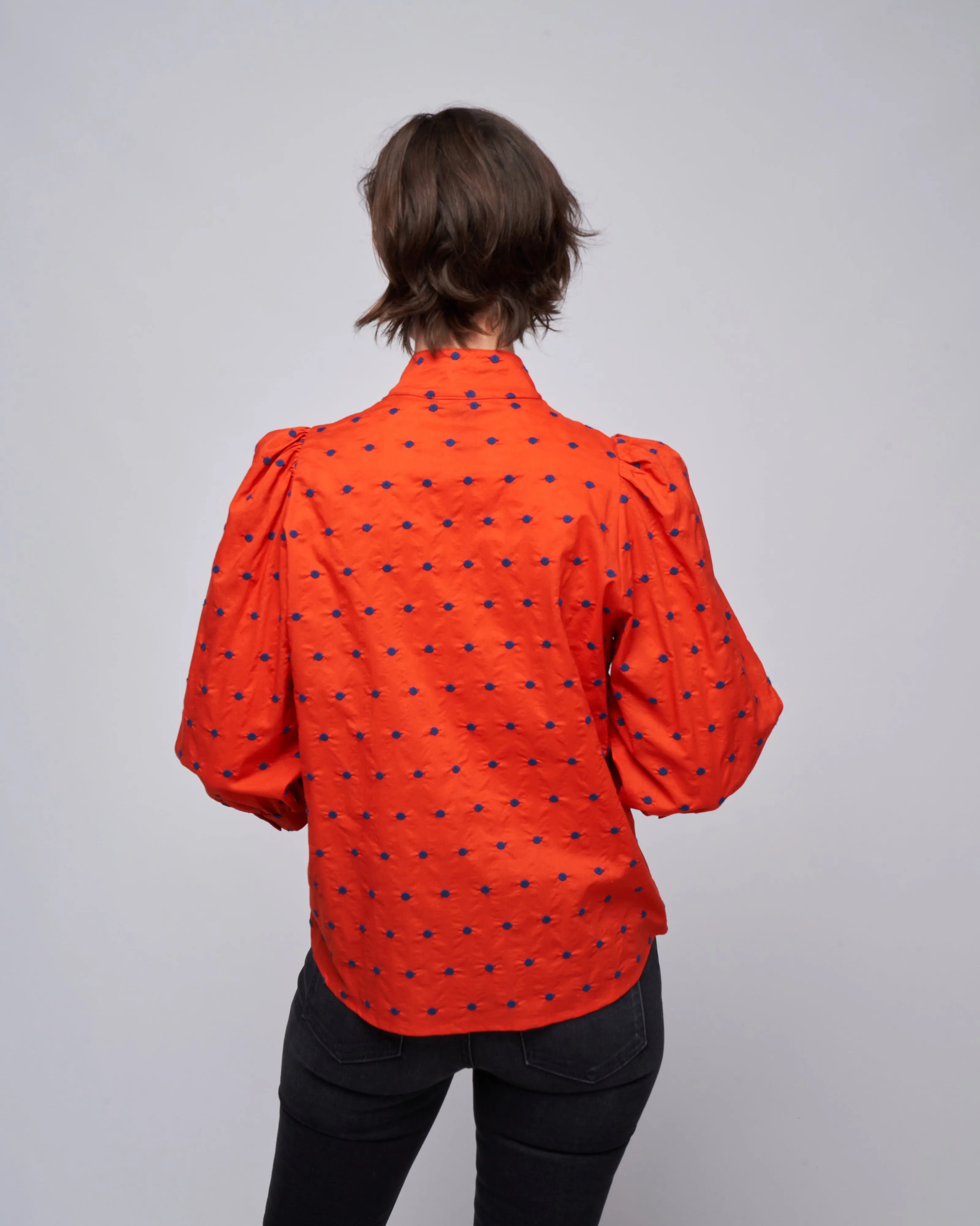 embroidered dot frontier blouse - vermillion with navy