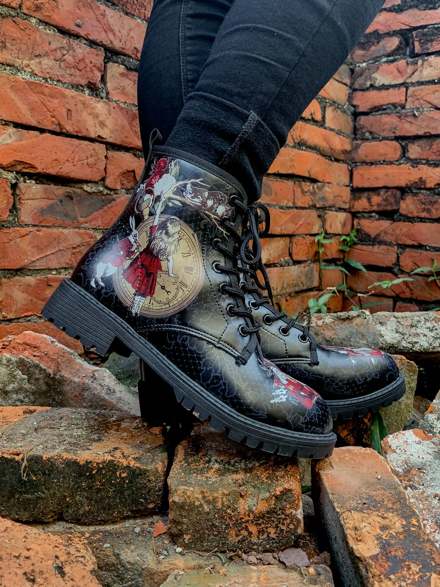Fairy Tale Princess Lace-Up Ankle Flat Combat Boots - Black