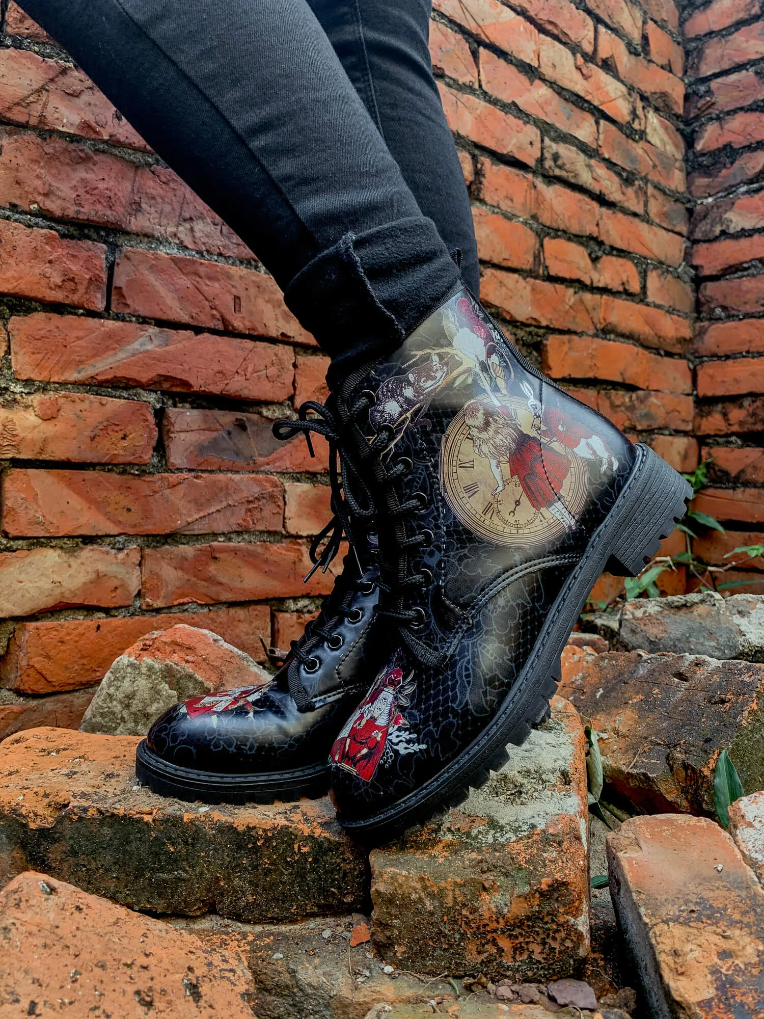 Fairy Tale Princess Lace-Up Ankle Flat Combat Boots - Black