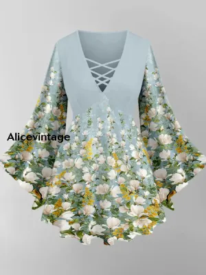 Floral Art Print V-Neck Long Sleeve Top