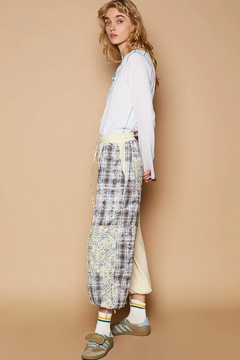 Floral plaid pattern solid POL joggers: Cream