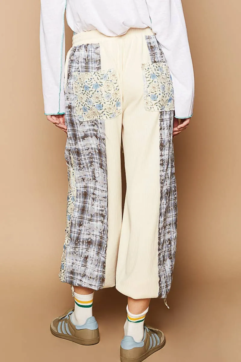 Floral plaid pattern solid POL joggers: Cream