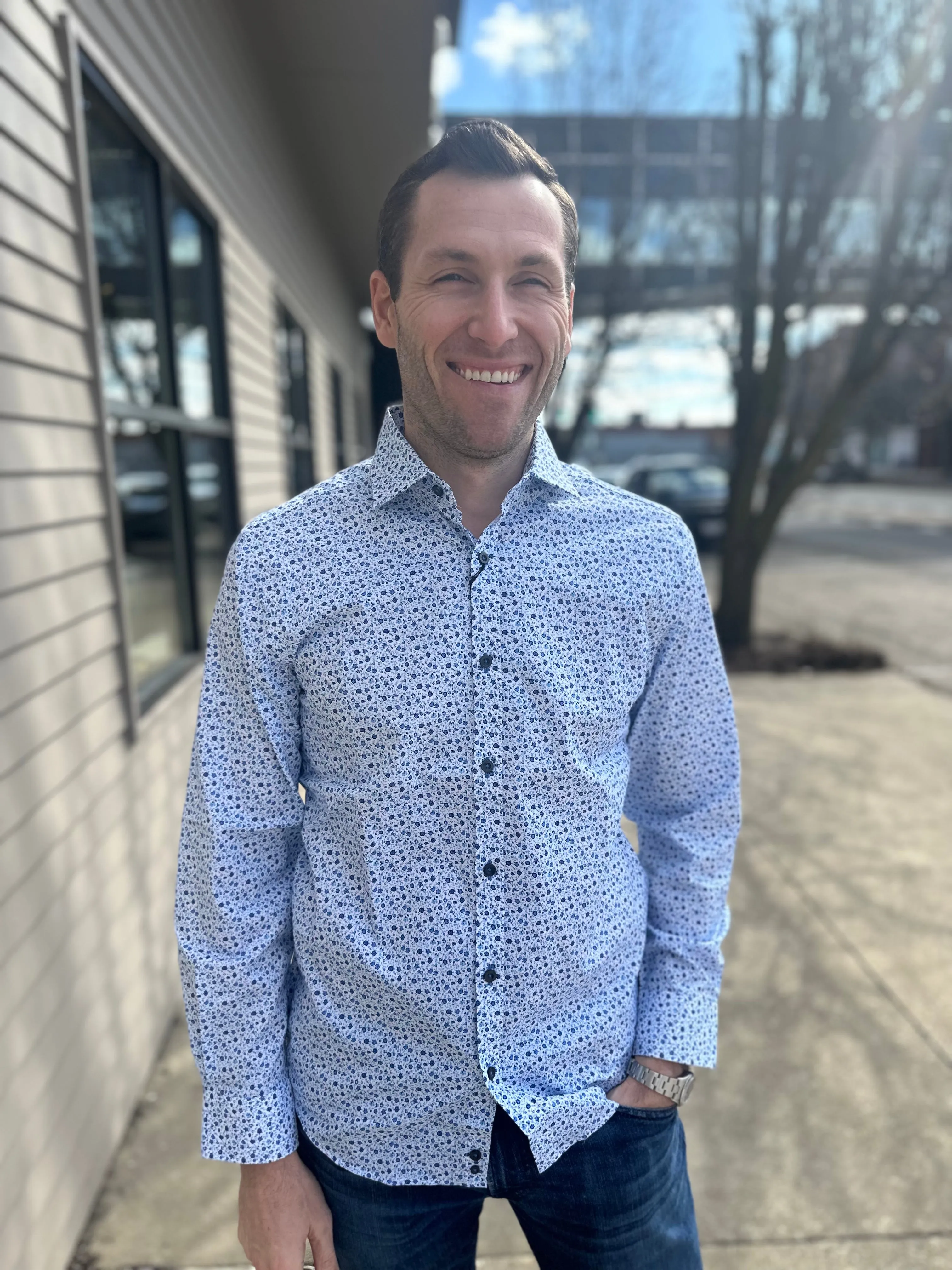 Forsyth Mini Floral Lapis Long Sleeve Dress Shirt