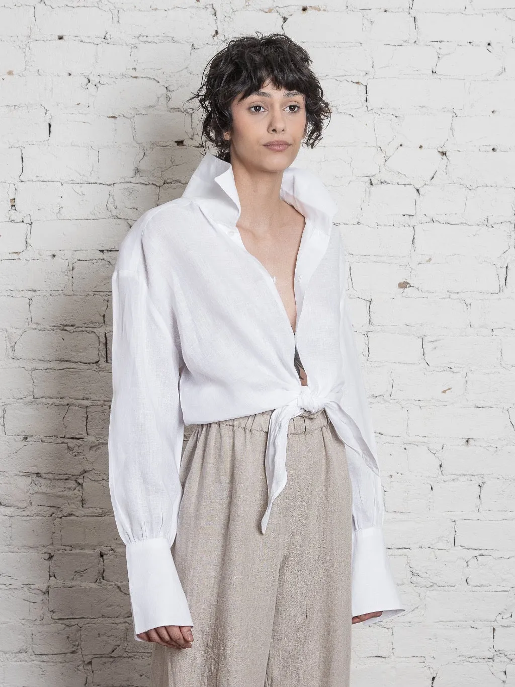 French Cuff Linen Tie Shirt