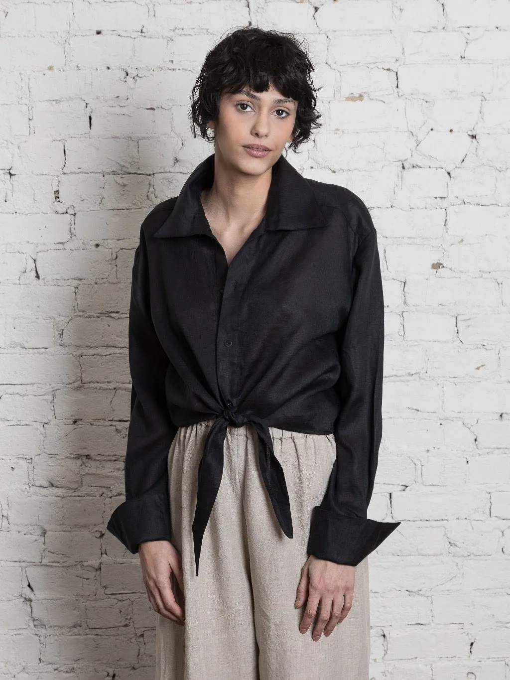 French Cuff Linen Tie Shirt