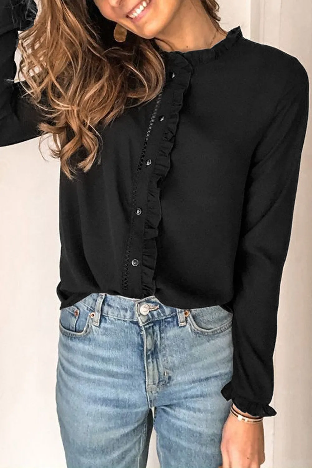 Frilled Neckline Buttoned French Shirt