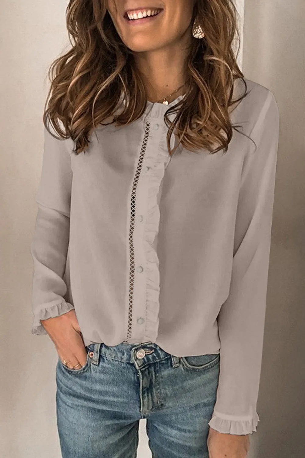 Frilled Neckline Buttoned French Shirt