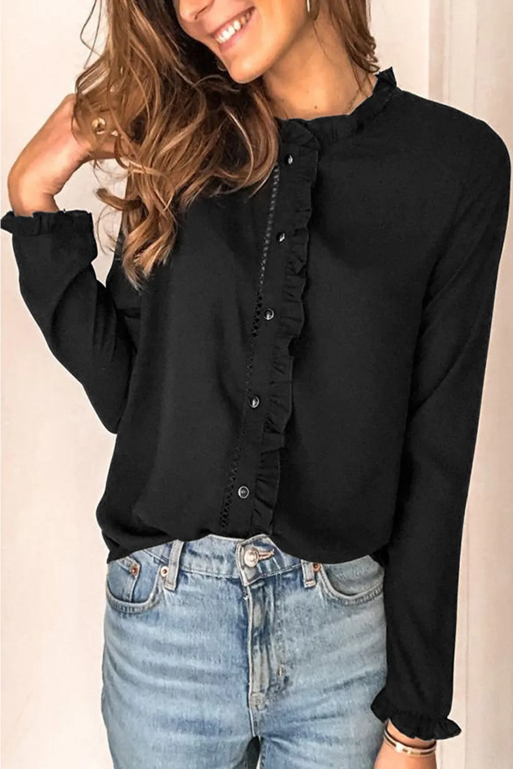 Frilled Neckline Buttoned French Shirt