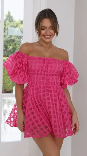Fuchsia Grid Off-Shoulder Mini Dress