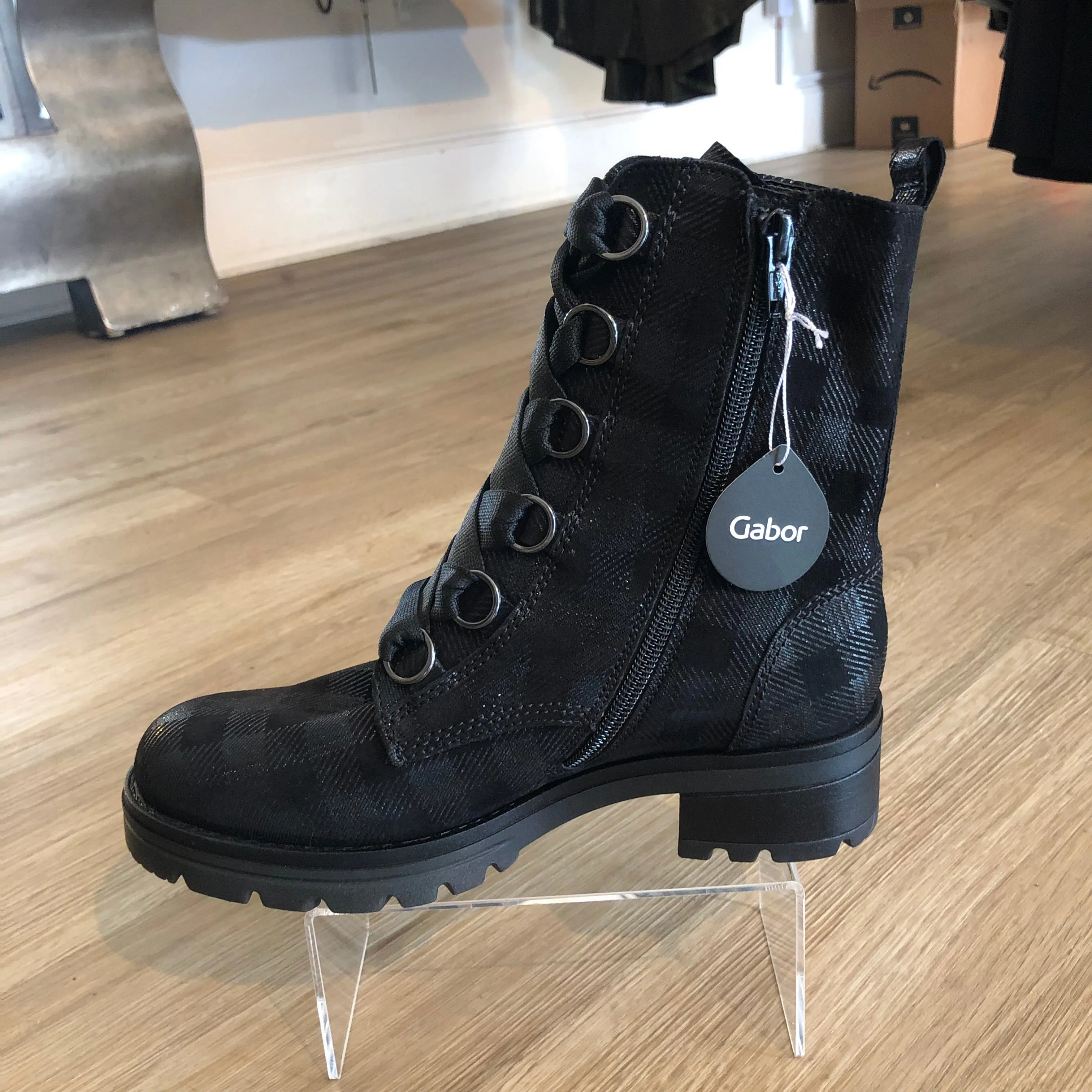 GABOR 92.784.67 COMBAT BOOT BLACK PLAID SUEDE