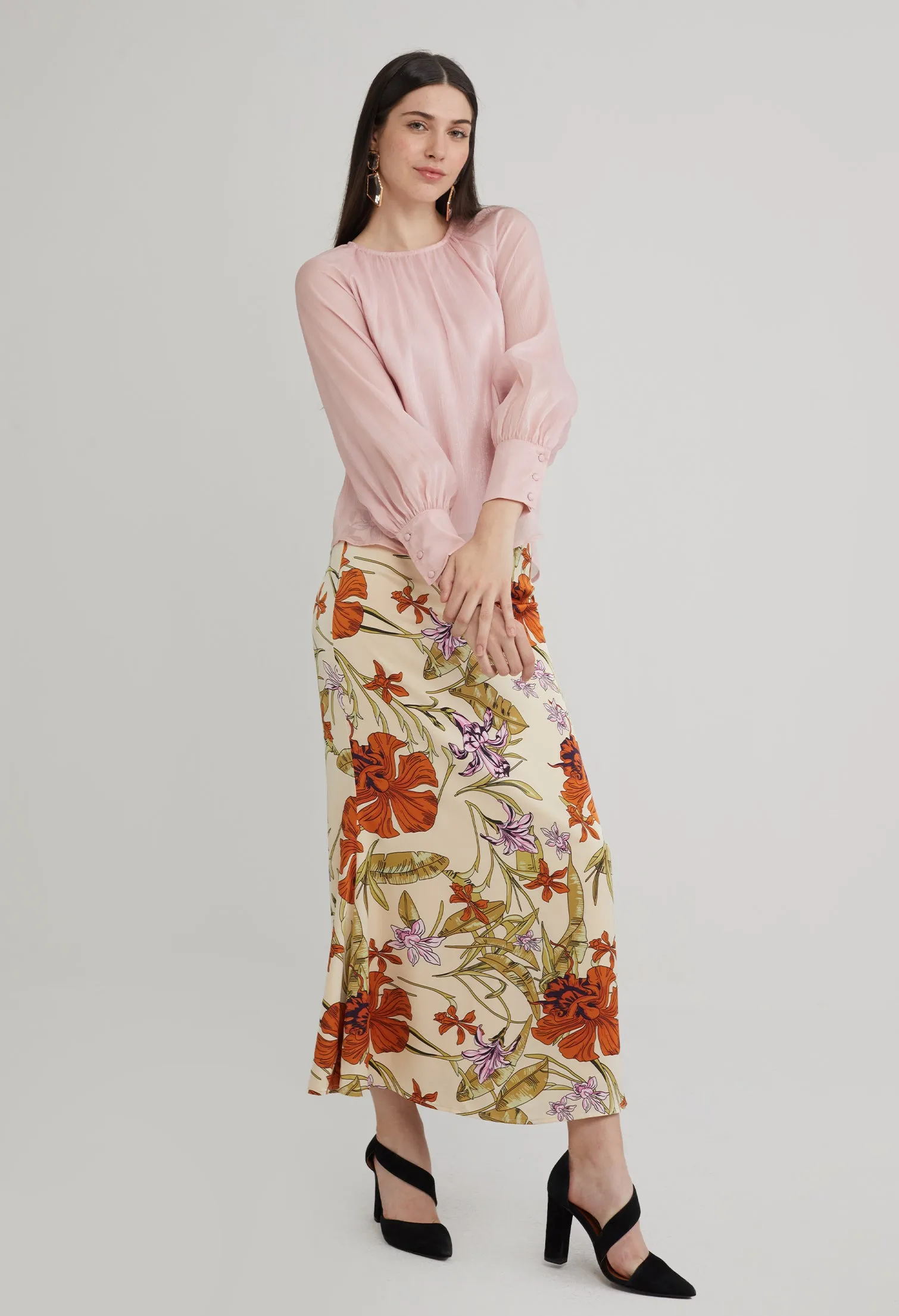Gathered Round Neck Cuff Sleeve Blouse