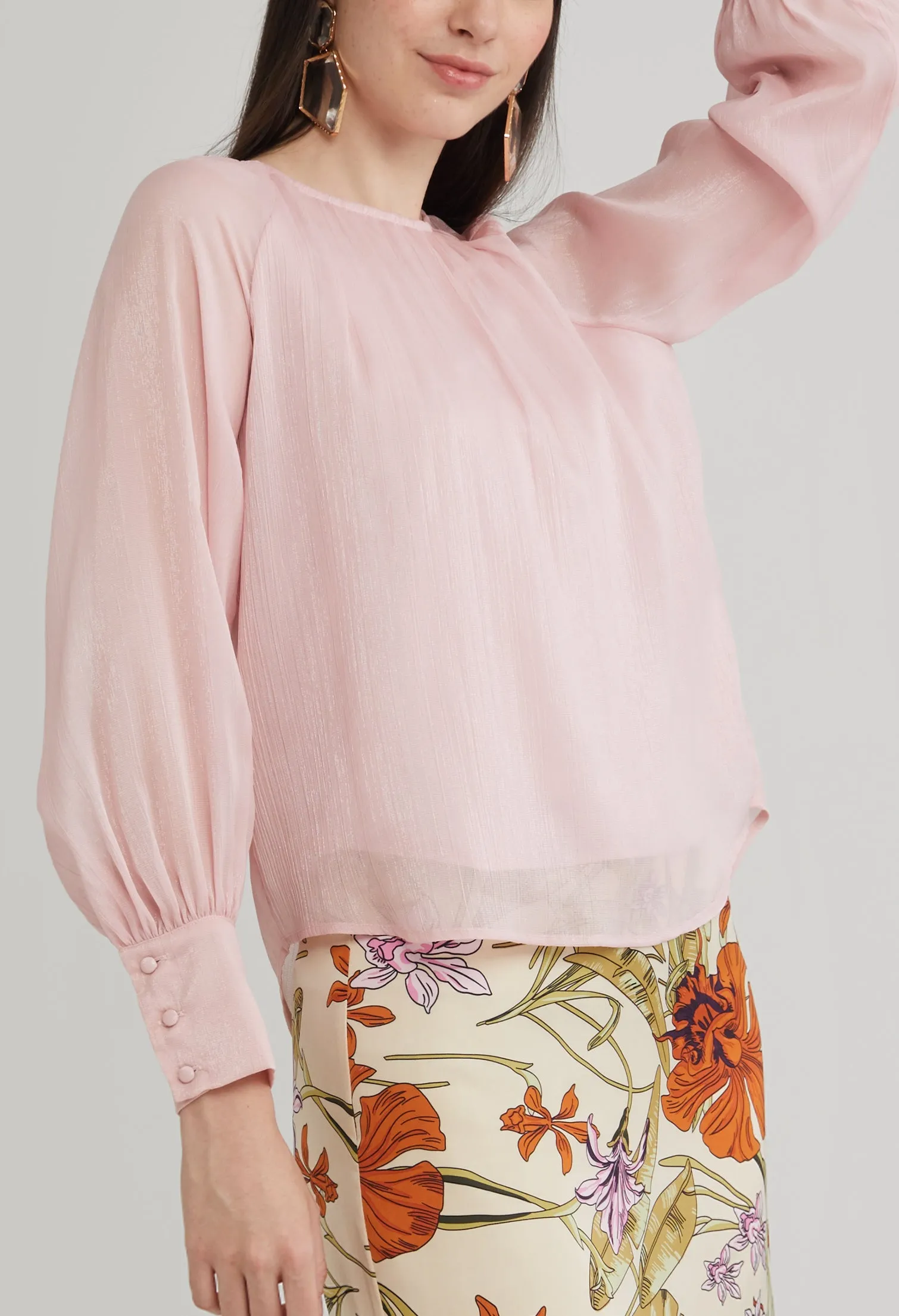 Gathered Round Neck Cuff Sleeve Blouse