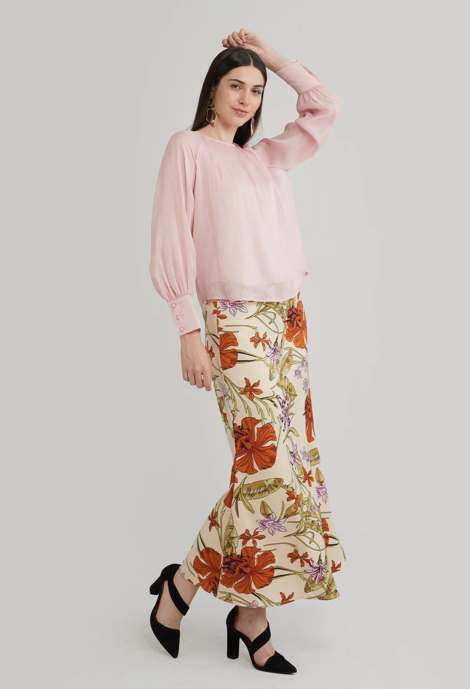 Gathered Round Neck Cuff Sleeve Blouse