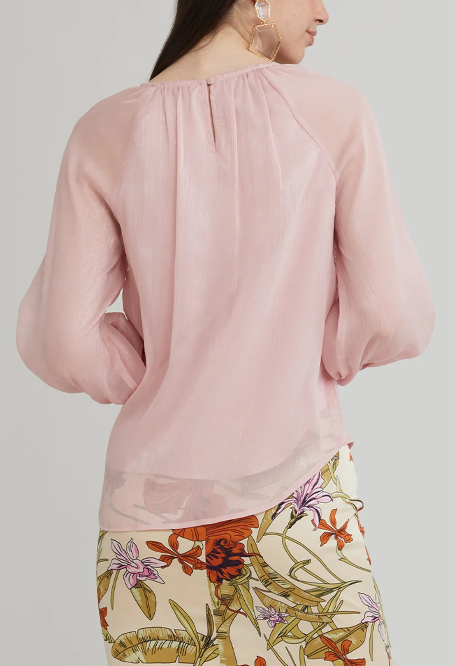 Gathered Round Neck Cuff Sleeve Blouse