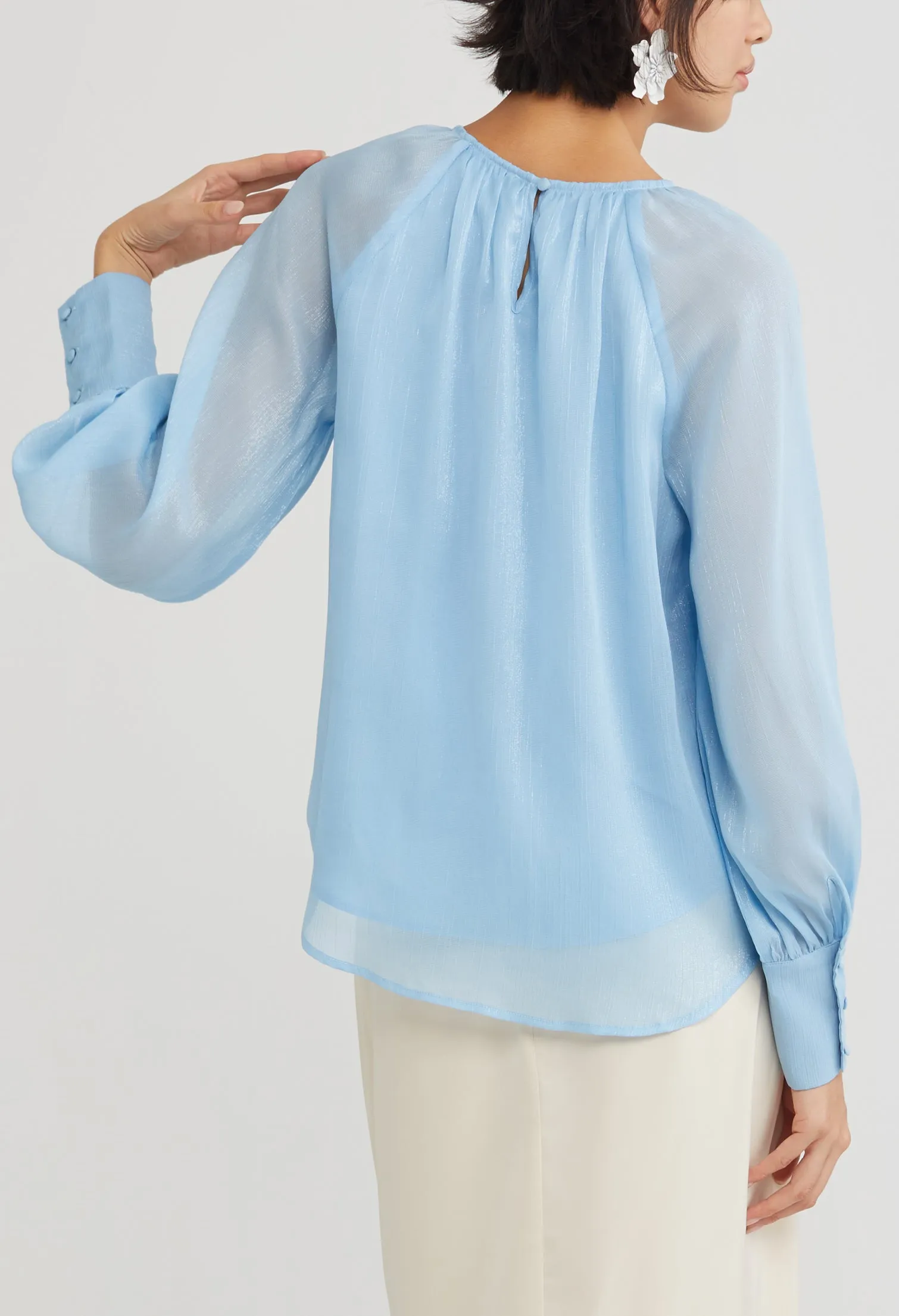 Gathered Round Neck Cuff Sleeve Blouse