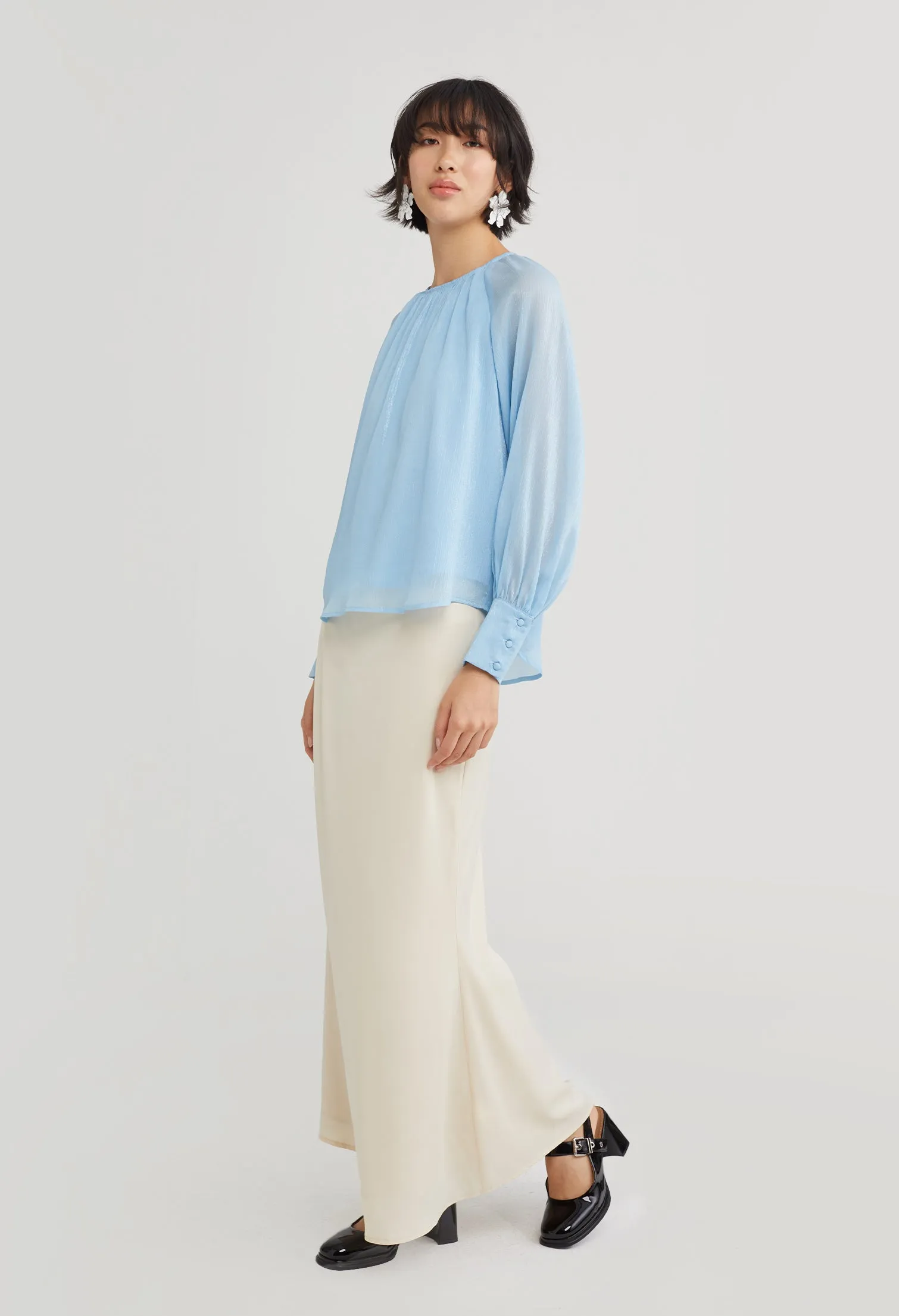 Gathered Round Neck Cuff Sleeve Blouse