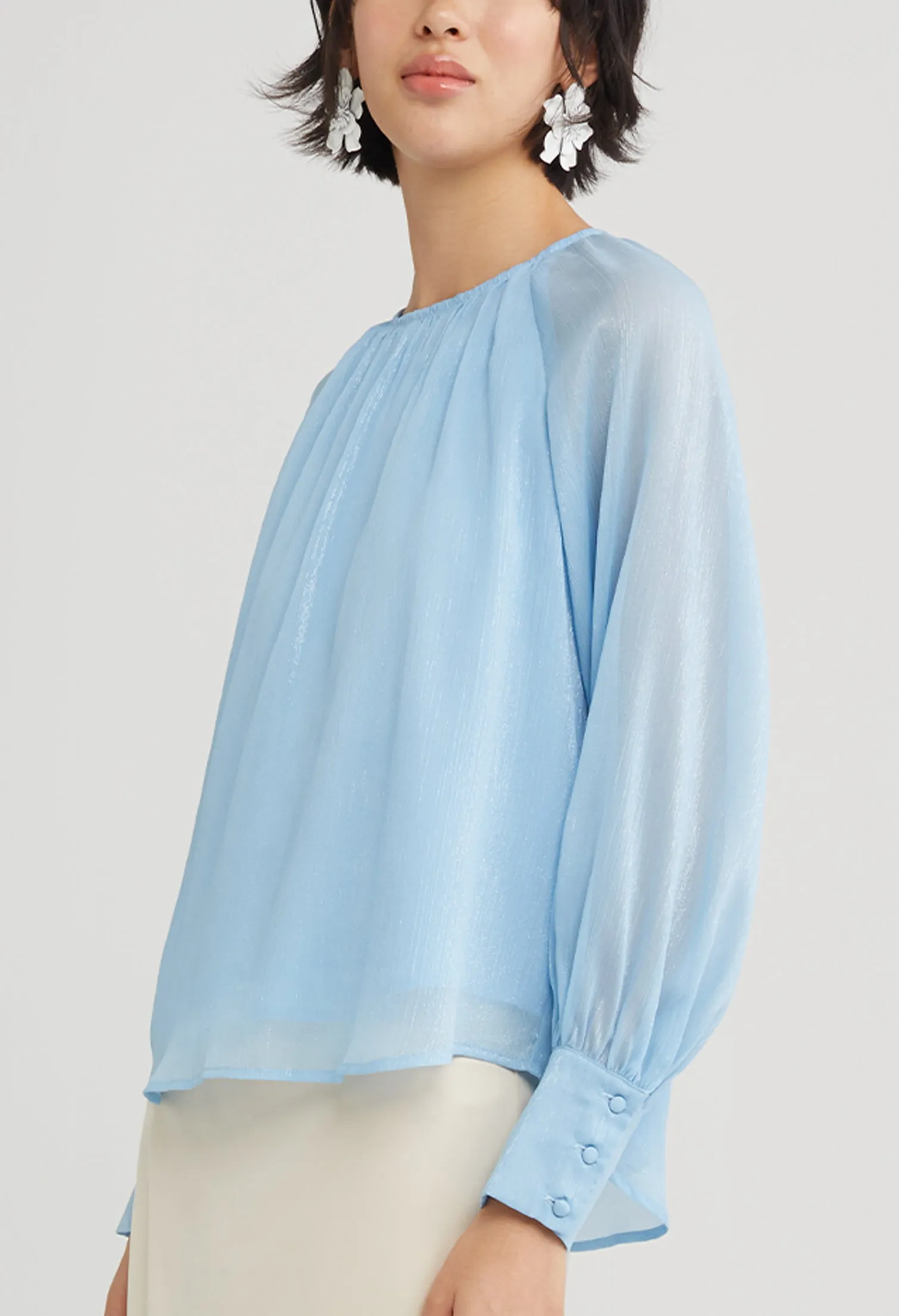 Gathered Round Neck Cuff Sleeve Blouse