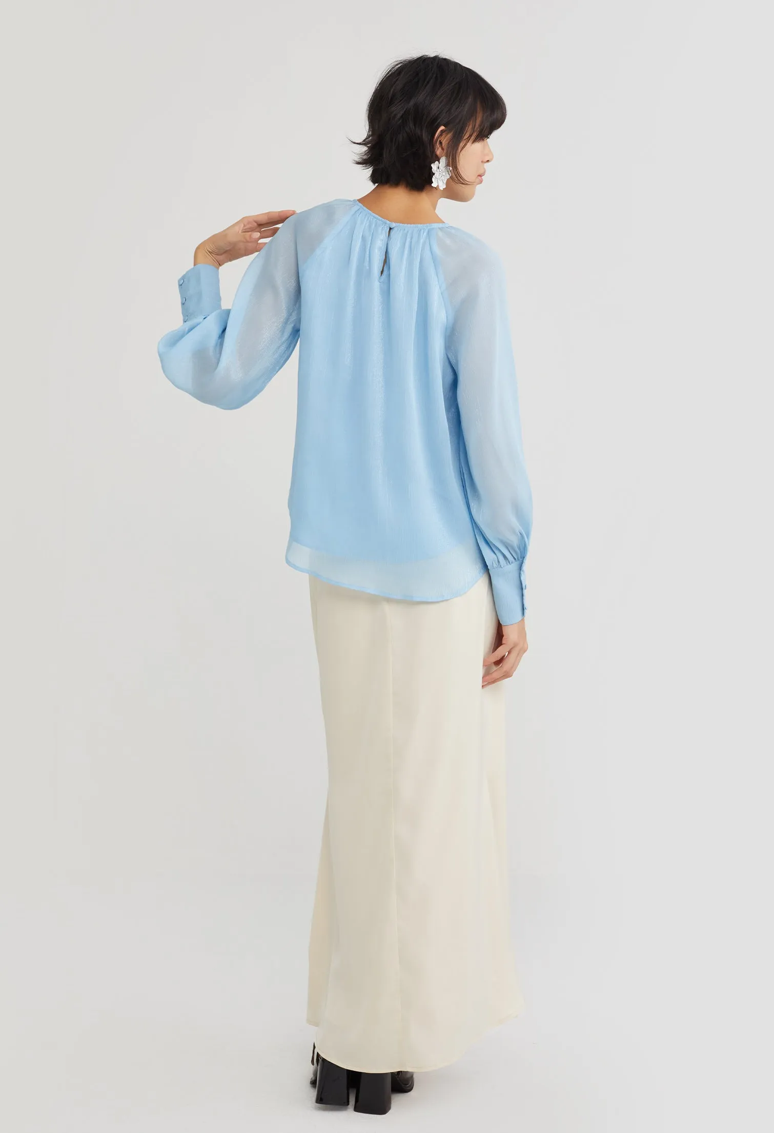 Gathered Round Neck Cuff Sleeve Blouse