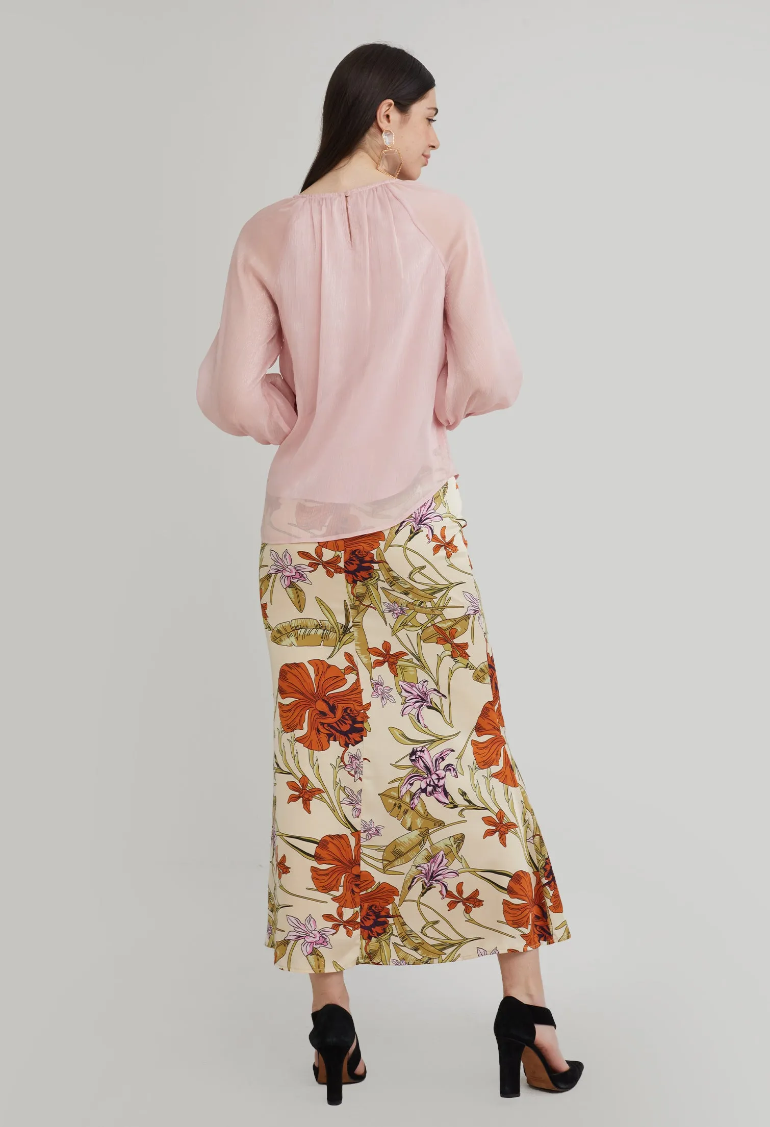 Gathered Round Neck Cuff Sleeve Blouse