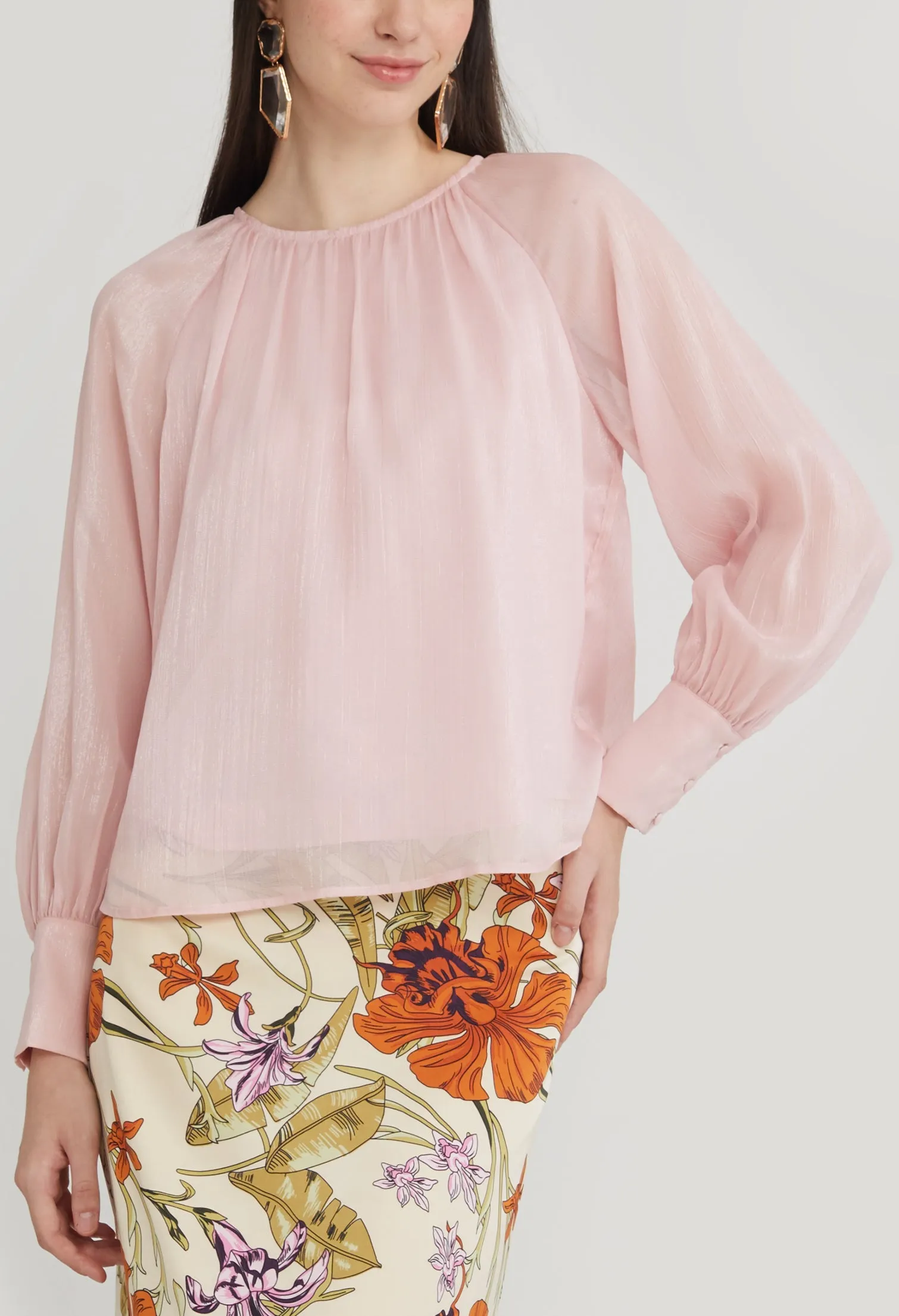 Gathered Round Neck Cuff Sleeve Blouse