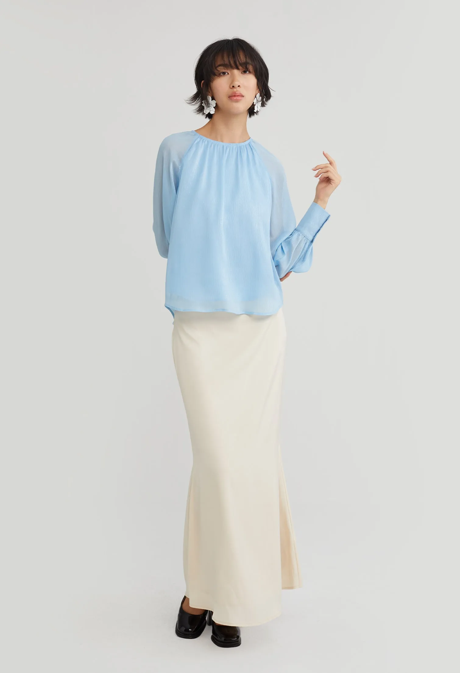 Gathered Round Neck Cuff Sleeve Blouse